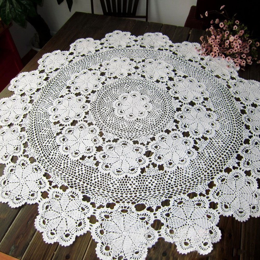 KEPSWET 60 inch Round White Crochet Lace Floral Tablecloth Handmade ...