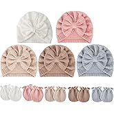 BQUBO Baby Turban Hats and Mittens Set Newborn Infant Hospital Hats Caps with Bows for Baby Boys Girls 0-12 Months