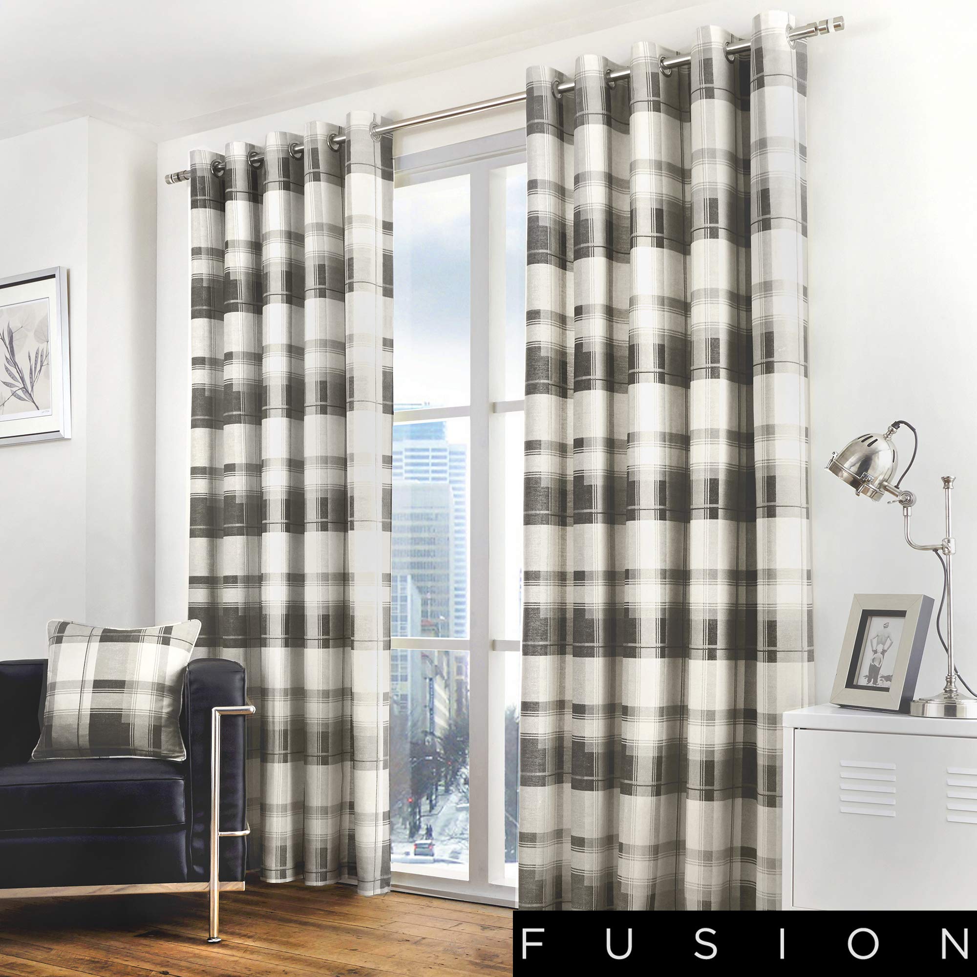 Fusion - Balmoral Check - 100% Cotton Pair of Eyelet Curtains - 66" Width x 72" Drop (168 x 183cm) in Slate