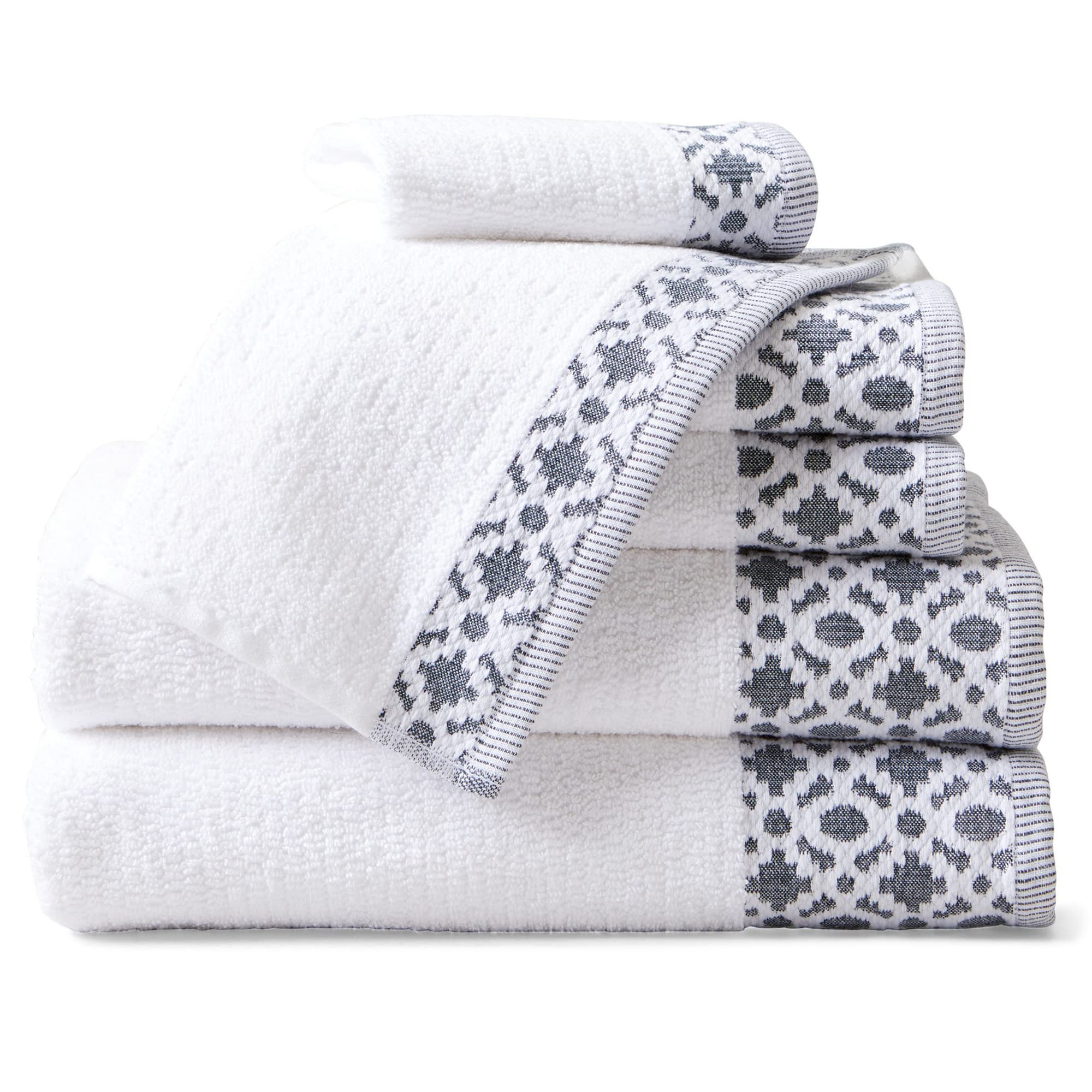 Photo 1 of 100% Turkish Cotton Luxury Towel Set | Super Soft and Highly Absorbent | Textured Dobby Border | 550 GSM | 2 Bath Towels, 2 Hand Towels, & 2 Washcloths | Nitra Collection (White / Dark Grey)