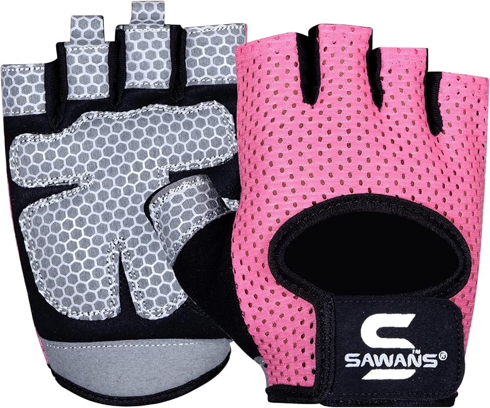 SAWANS Gym Gloves Men Women Fitness Gloves Non-Slip Silicone Padded Palm Pink L