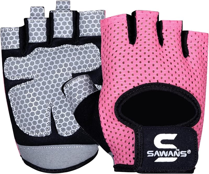 SAWANS Gym Gloves Men Women Fitness Gloves Non-Slip Silicone Padded Palm Pink L