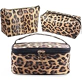 Mgiflw 3 Pieces Leopard Print Leather Cosmetic Bags Set,Travel Toiletries Storage Case Portable Cheetah Makeup Organizer Pouch for Women Purse