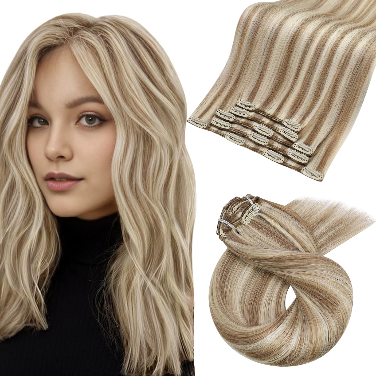 Moresoo Human Hair Extensions Clip in Light Brown with Platinum Blonde Clip in Hair Extensions Real Human Hair 14 Inch Mid-length Remy Silky Soft Straight 5pcs/80g #9A/60 — image 1