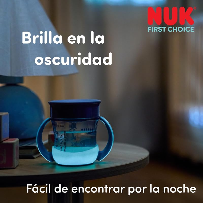 Mini Magic Cup Night vaso aprendizaje bebé, 6+ meses, Verde y gris, Vaso bebé 160 ml, borde antiderrame de 360°, asas antideslizantes, brilla en la oscuridad, 2 unidades