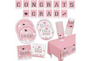 XIENBLOC Graduation Party Plates Napkins Class of 2025 Pink Disposable Paper Dinnerware Set Cups Tablecloth Banner for Congrats Grad Party Decorations Serve 25