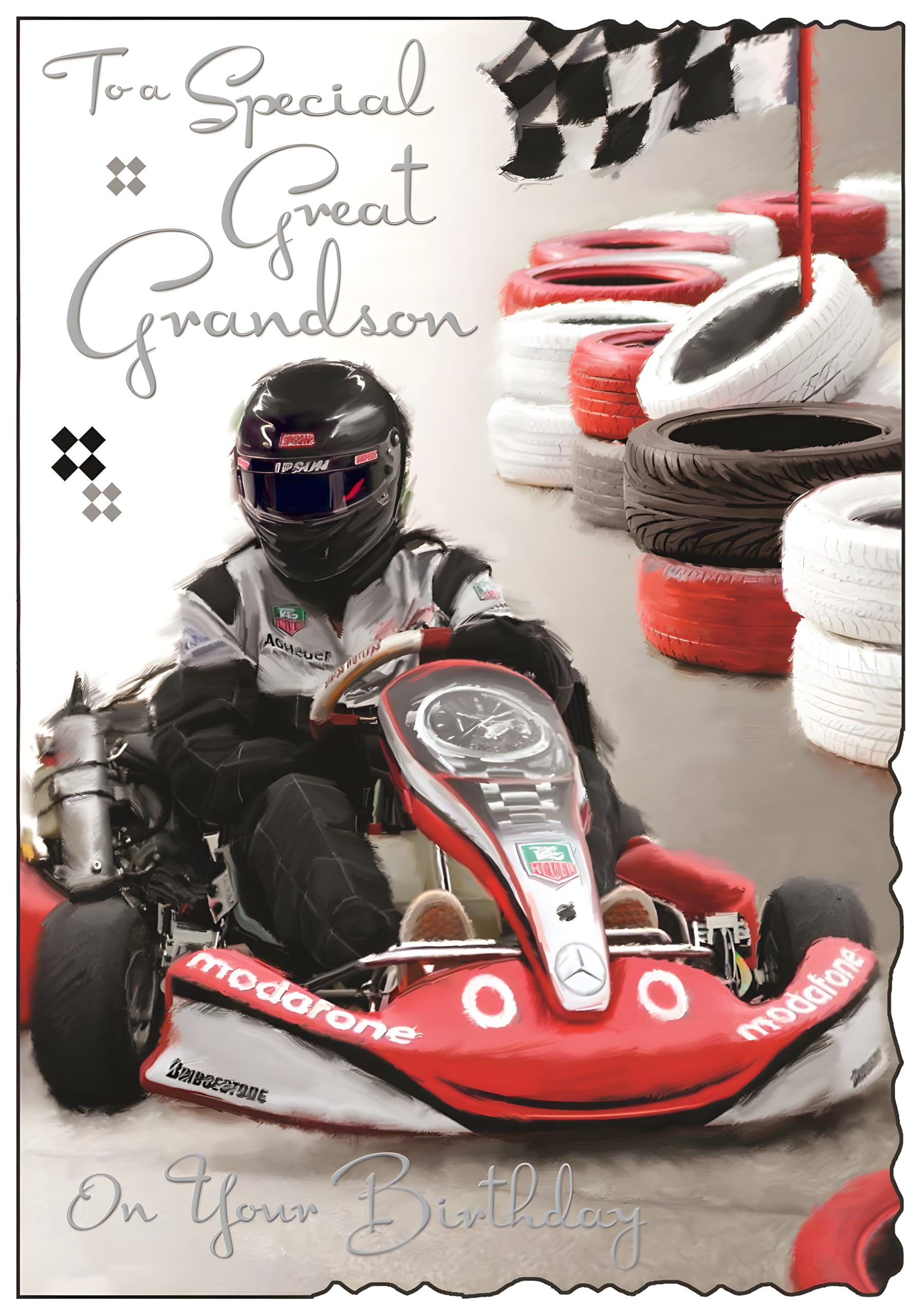 Illustrated Great Grandson Birthday Card - (JJ3568) - Go Kart Racing - From The Velvet Range - Embossed With A Silver Foil Finish