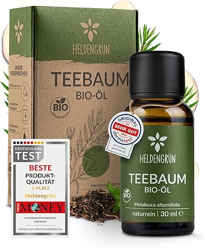 Heldengrün® BIO Teebaumöl [100% NATURREIN] Natürliche Haut- und Gesichtspflege - Tee Tree Oil - Teebaumöl Pickel unterstützt bei Unreinheiten