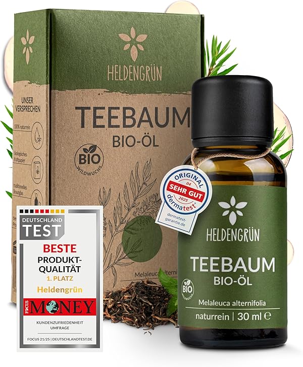 Heldengrün® BIO Teebaumöl [100% NATURREIN] Natürliche Haut- und Gesichtspflege - Tee Tree Oil - Teebaumöl Pickel unterstützt bei Unreinheiten