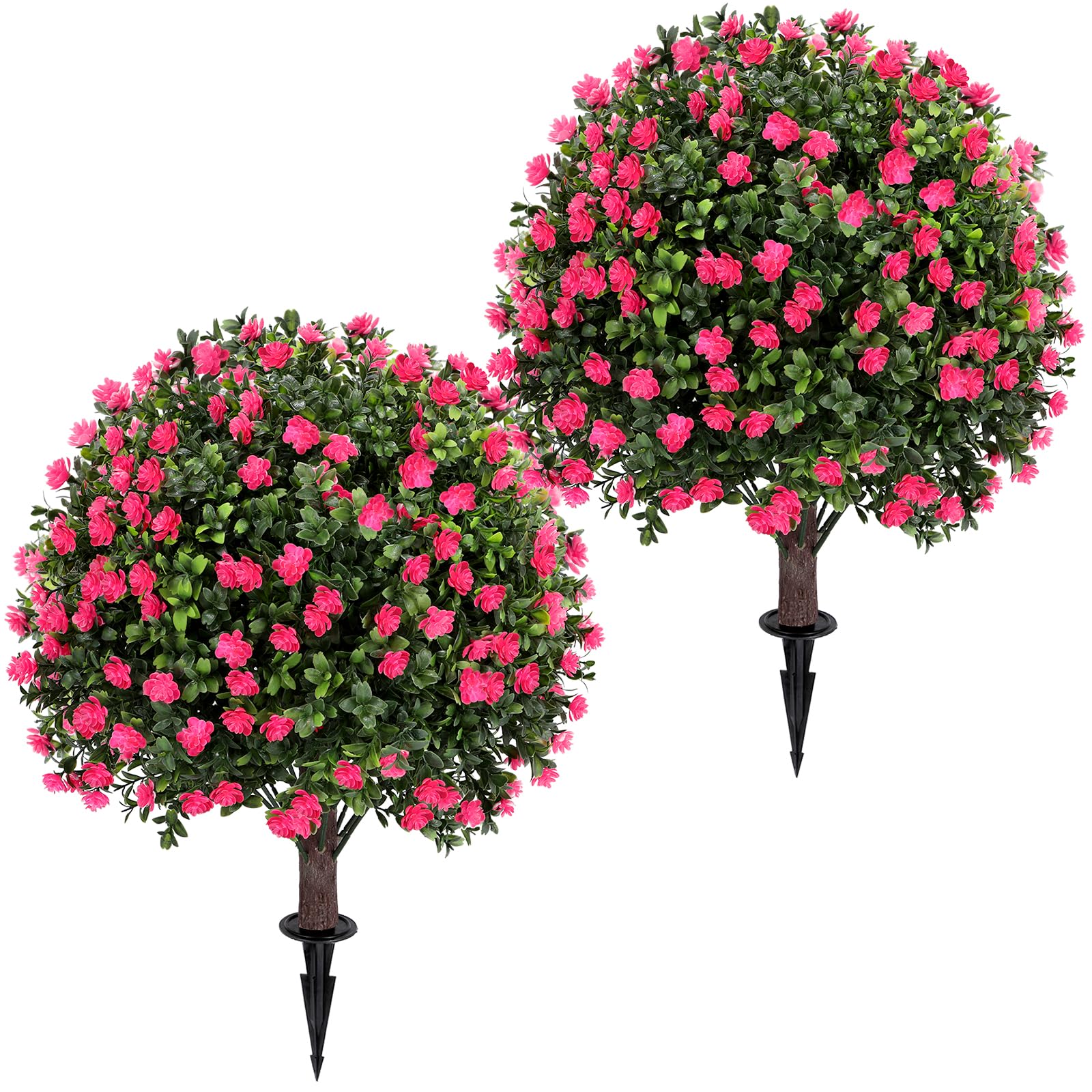 Photo 1 of Artificial Pink Camellia Topiary Ball Tree 25" with Ground Spike, Set of 2 Artificial Boxwood Bushes for Faux Shrubs, Fake Evergreen Faux Plant for Indoor Outdoor Garden -UV Resistant–Fade-Proof