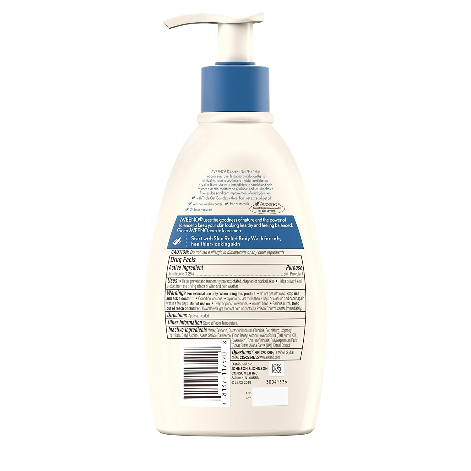 Aveeno Diabetics' Dry Skin Relief Lotion with Triple Oat Complex & Natural Shea Butter, Steroid-Free & Fragrance-Free Dimethicone Skin Protectant for Diabetic Skin Care, 12 fl. oz : Beauty