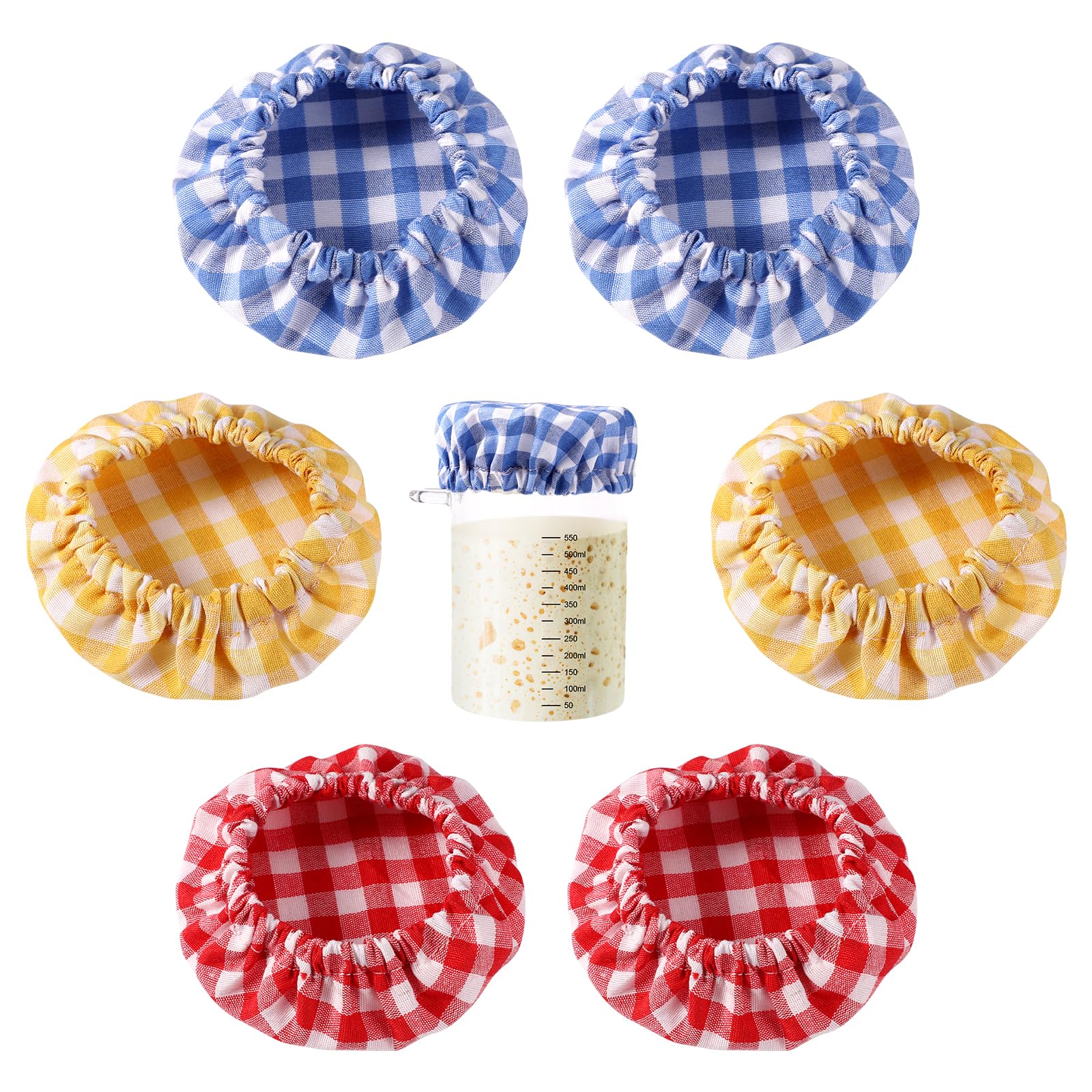 6pcs Sourdough Starter Jar Cloth Covers, Plaid Cloth Jar Covers Elastic Unbleached Cloth lid Reusable Sourdough Bowl Cover Dough Basket Cover Preserving Lids for 3-4 Inch Jar Mouth Baking Supplies