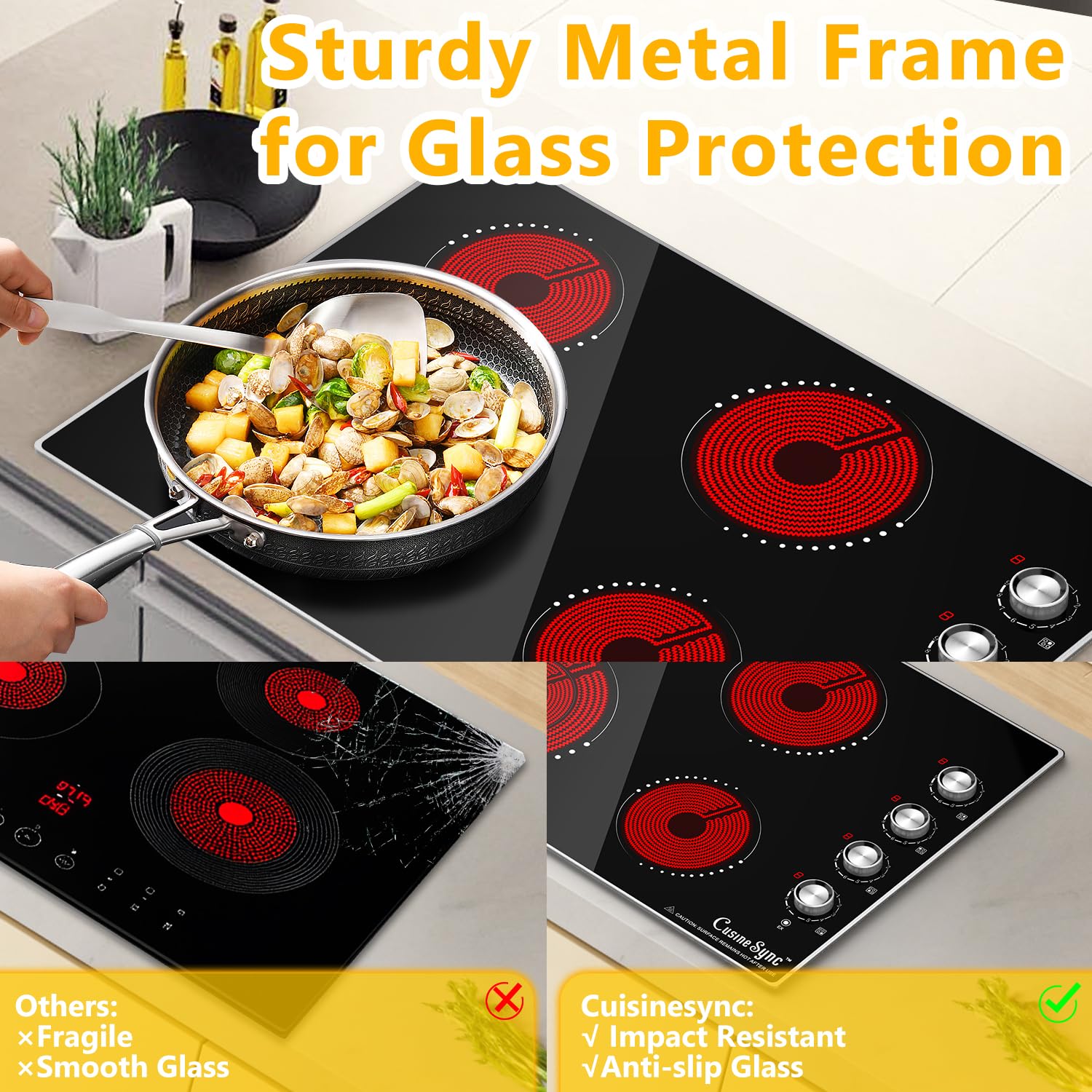 Cusinesync 30 Inch Electric Cooktop, 4 Burner Built-in Electric Stove Top with 9 Power Levels, Knob Control, Auto shutdown and Residual Heat Warning, 7200W, 220-240V for Hard Wire