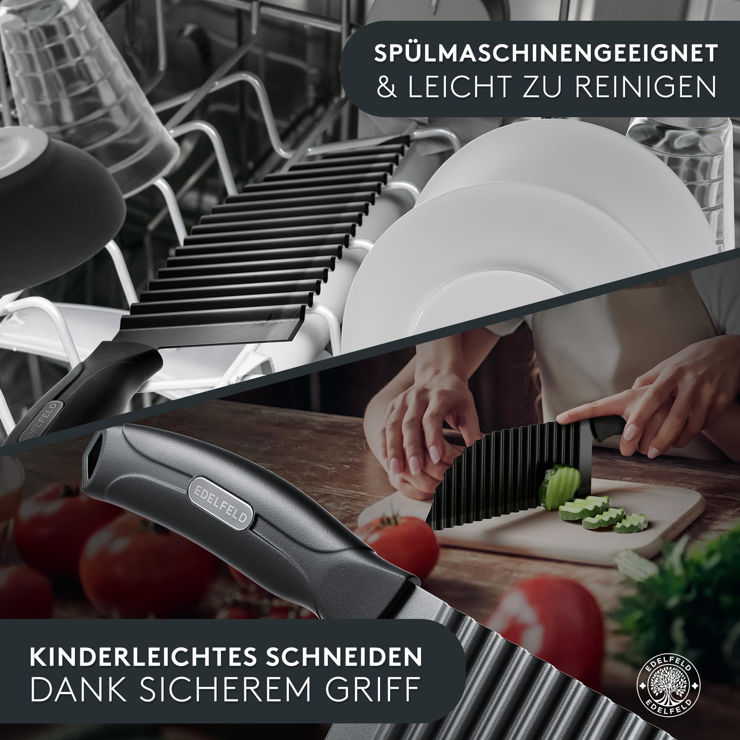 EDELFELD Wellenschneider für Pommes, Obst & Gemüse [TESTSIEGER] - Spülmaschinengeeignetes Wellenmesser mit Titanklinge - Riffelmesser für Erwachsene & Kinder - BLW Wellenschnittmesser aus Edelstahl 6