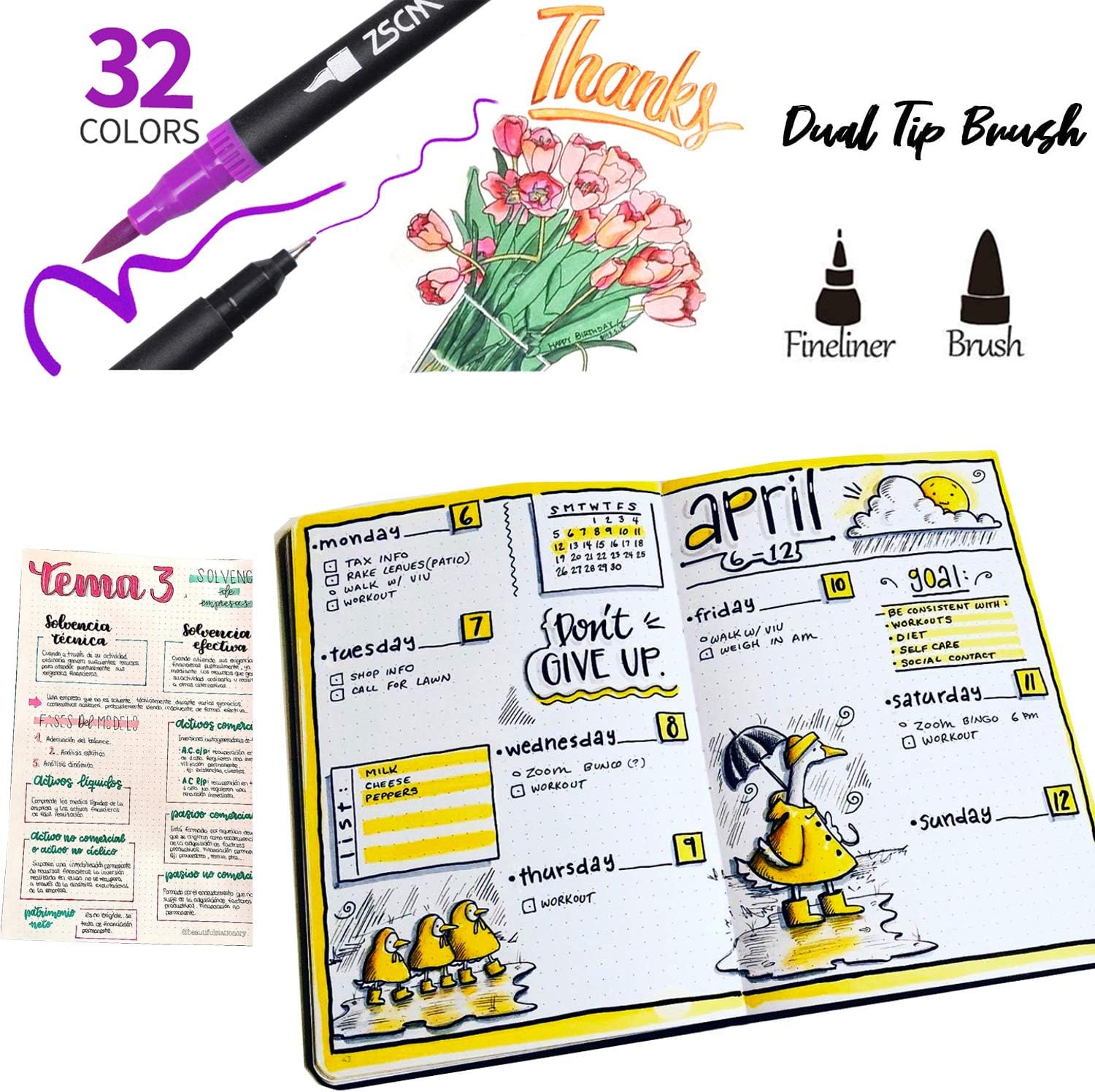 ZSCM 32 Colors Dual Tip Brush Pens Art Markers Set, Artist Fine and Brush Tip Colored Pens, for Kids Adult Coloring Books, Note taking Writing Lettering Calligraphy Bullet Journaling School Supplies : Office Products
