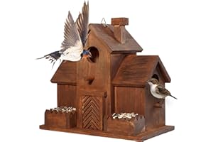 MIXUMON Bird Houses for Outside with Bird Feeder, Outdoor 3 Hole Bird House Room for 3 Bird Families Bluebird Finch Cardinals Hanging Birdhouse for Garden (Style 12)