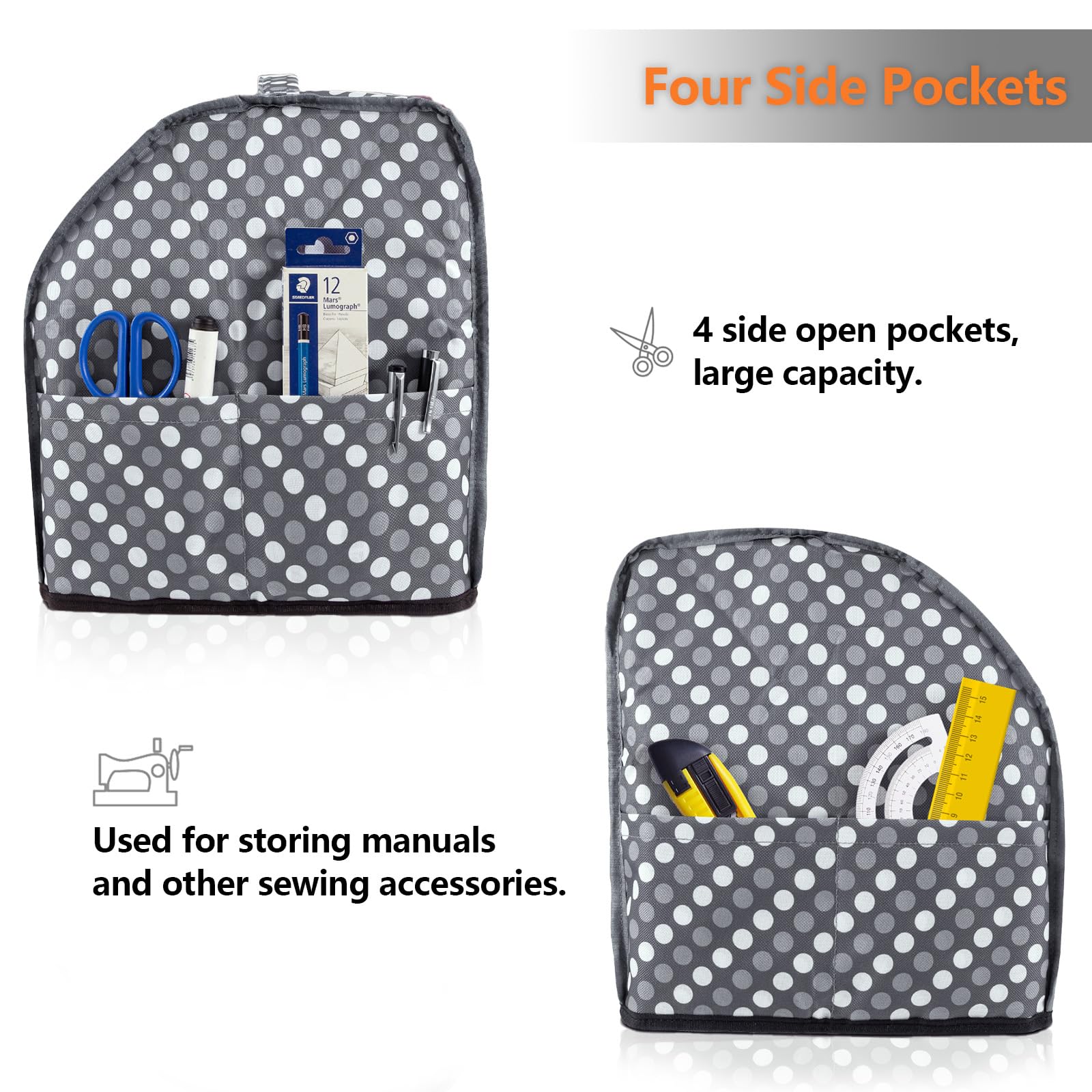 Sewing Machine Cover with Storage Pockets,serger Dust Covers Heavy Duty Waterproof Nylon Case,Fits Most Standard Singer Brother Machines Overlock Tool Accessories,Grey Dots