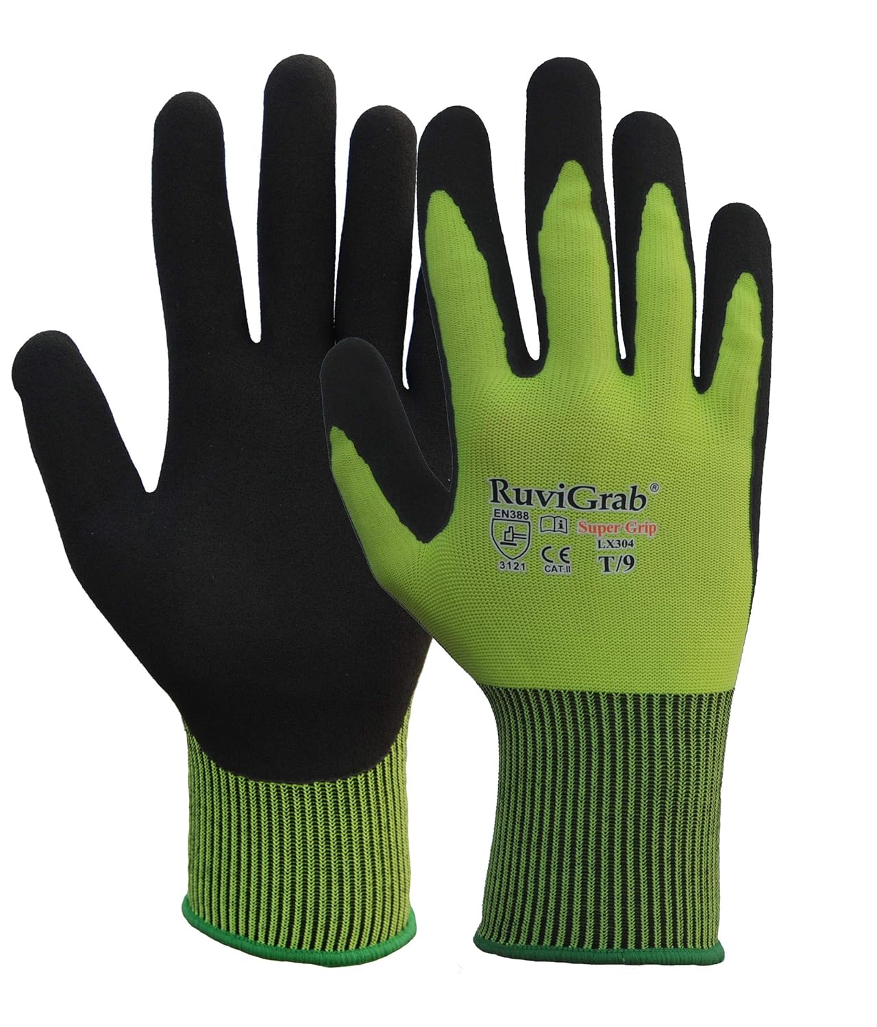 Ruvigrab Gloves Nylon Natural Latex Coated Sandy Finish, Fluo/Black, 9