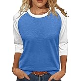 Heymiss Womens Tops 3/4 Sleeve Shirts Round Neck Loose Casual Tshirts Color Block Summer Tees
