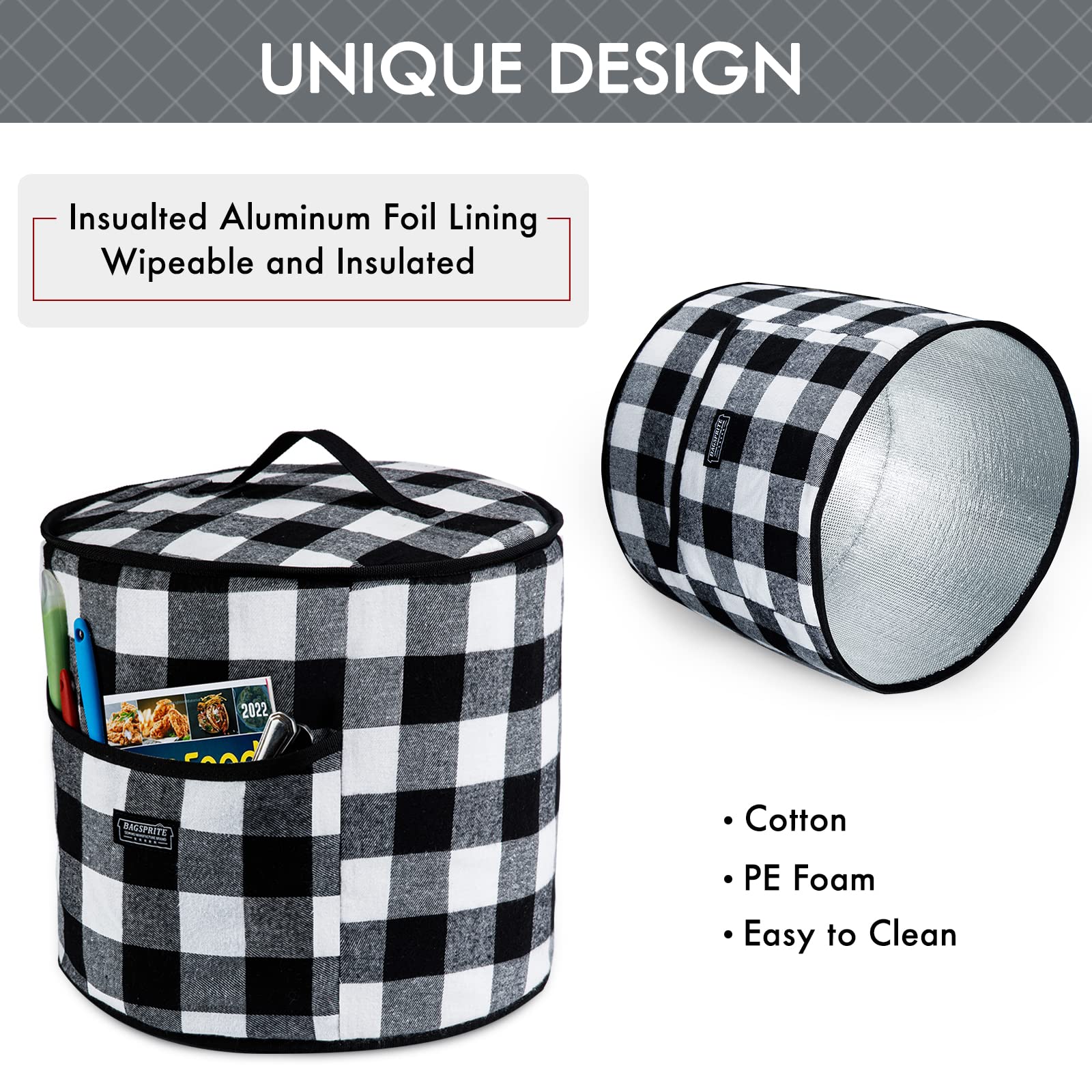 BAGSPRITE Dust Protection for Instant Pot 6 Quart Device Covers - Insulated Pressure Cooker Cover with Pockets for Kitchen Instant Pot Accessories - Instant Cover Buffalo Check