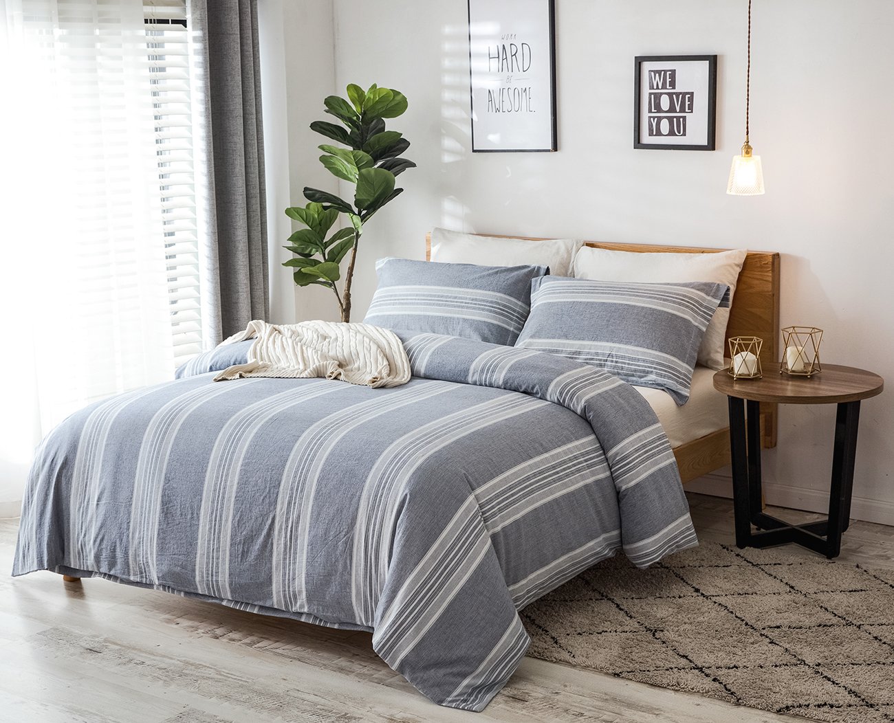 PHF Washed Cotton Duvet Cover and Shams Yarn Dyed Bedding Set 3Piece