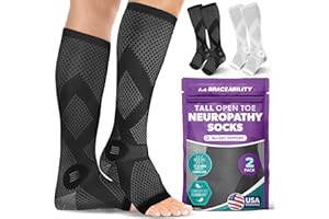 BraceAbility Compression Socks for Circulation - 20-30 mmHg Knee High Neuropathy Open Toe Stockings for Varicose Veins, Swelling, RLS, Medical Toeless Support for Men or Women - 1 Pair (M - Black)