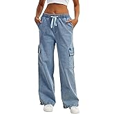 HVEPUO Womens High Waisted Cargo Pants Y2K Baggy Wide Leg Casual Stretchy Jeans for Women Streetwear Pull On Trousers Pants