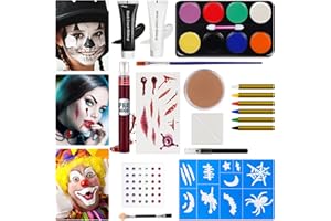 EASTPIN Halloween Makeup Kit, White Black Skeleton Face Paint, Clown Witch Makeup Palette, Vampire Zombie Makeup Kids Adult Special Effects, Fake Blood Scar Wax Tattoos Stencils Crayons Set