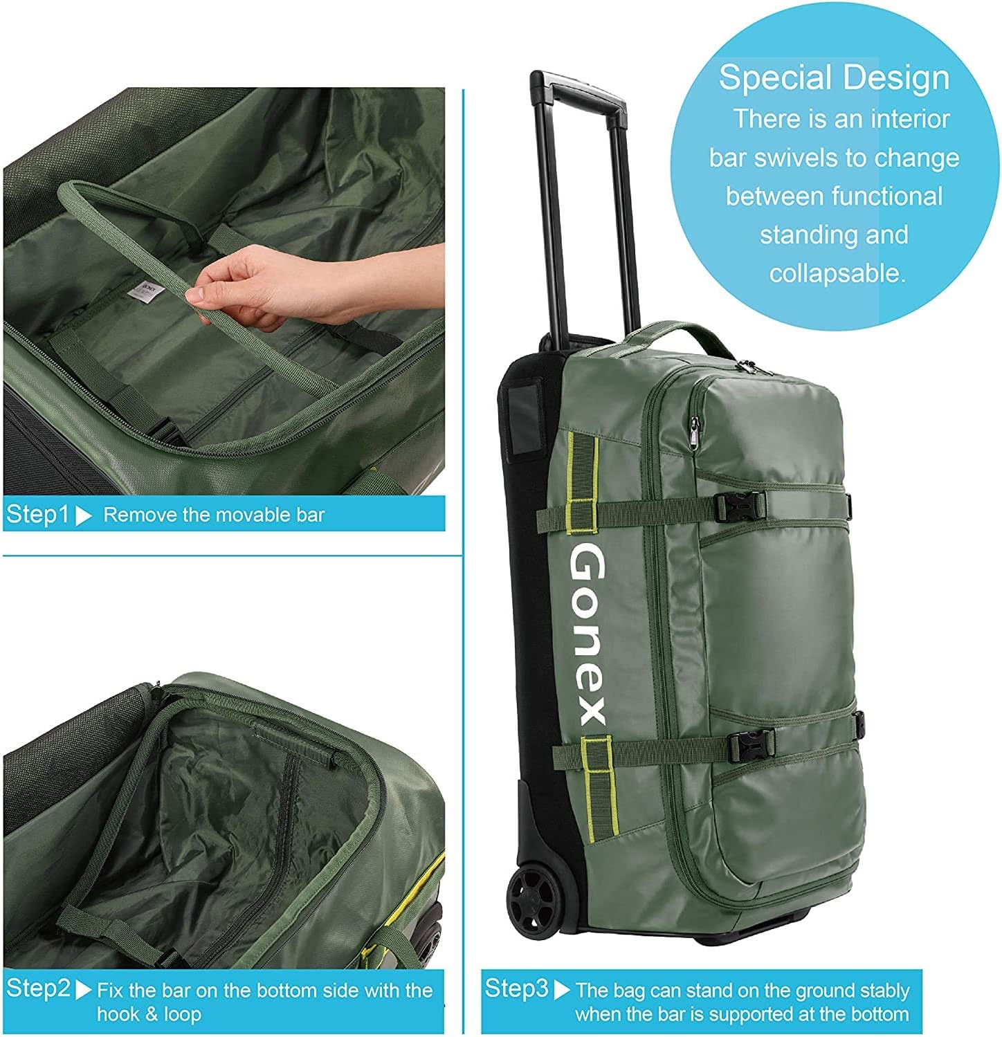 Gonex Wheeled Duffel Bag 70L Water-Repellent Rolling Travel Bag with Wheels Luggage with Rollers Unisex 25 inch, Olive Green - Image 4