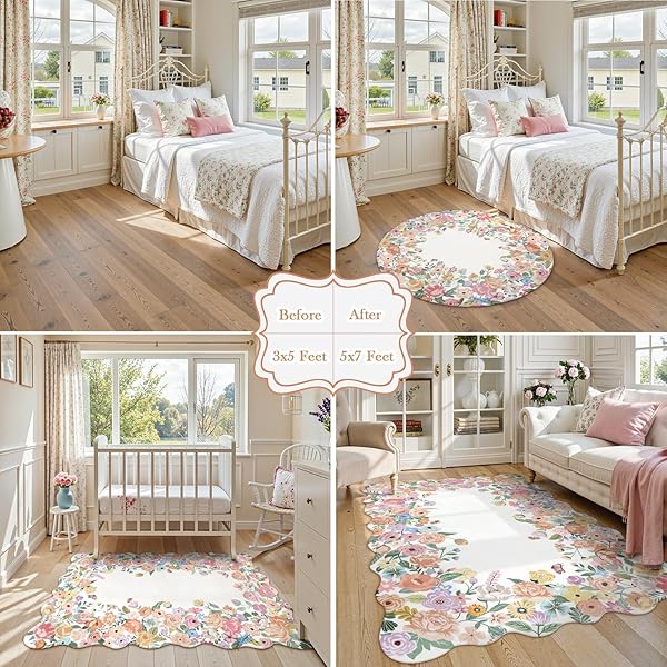 WONNITAR WASHABLE 3X5 BEDROOM RUG, SOFT CAMELLIA FLORAL AREA RUGS FOR LIVING ROOM, NON SLIP BOHO FLOWER NURSERY RUG SCALLOPED THROW CARPET FOR KIDS ROOM BEDSIDE ENTRYWAY LAUNDRY ROOM (BEIGE,3’X5′)