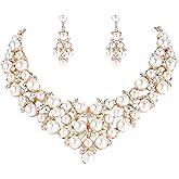 BriLove Women's Wedding Bridal Crystal Cream Simulated Pearl Cluster Statement Necklace Dangle Earrings Set