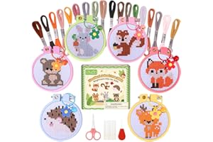 Caydo 6 Pieces Cross Stitch Kit for Kids Embroidery Kits with Woodland Animal Patterns Needlepoint Kit Kids with Instructions for DIY Key Chain, Backpack Charms, Ornaments and Needle Craft