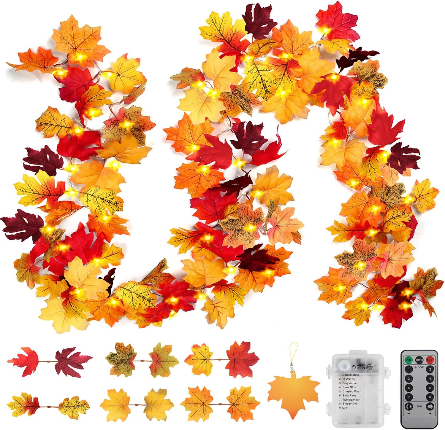 Wreaths, Garlands & Swags - Thanksgiving Decorations Fall Garland with Lights Battery Operated Maple Leaves Fall String Lights with Timer Remote - Fall Decor Autumn 45 LED Lighted Fall Garland for Mantle Indoor Outdoor Halloween