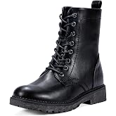 Vepose Women's Lace Up Combat Ankle Boots, Low Heel Moto Fall Booties | Flat Short Round Toe Boots, Side Zipper, Comfy Arch Support, Casual, Biker, Jeans, Office, Outfits, Daily Wear