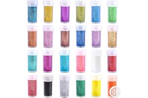 ESTANOITE Extra Fine Glitter, Set of 24 Colors Nail Arts Face Hair Eye Lip Gloss Makeup Glitter, Slime,Tumbler and Epoxy Resin Crafts Loose Powder Shaker