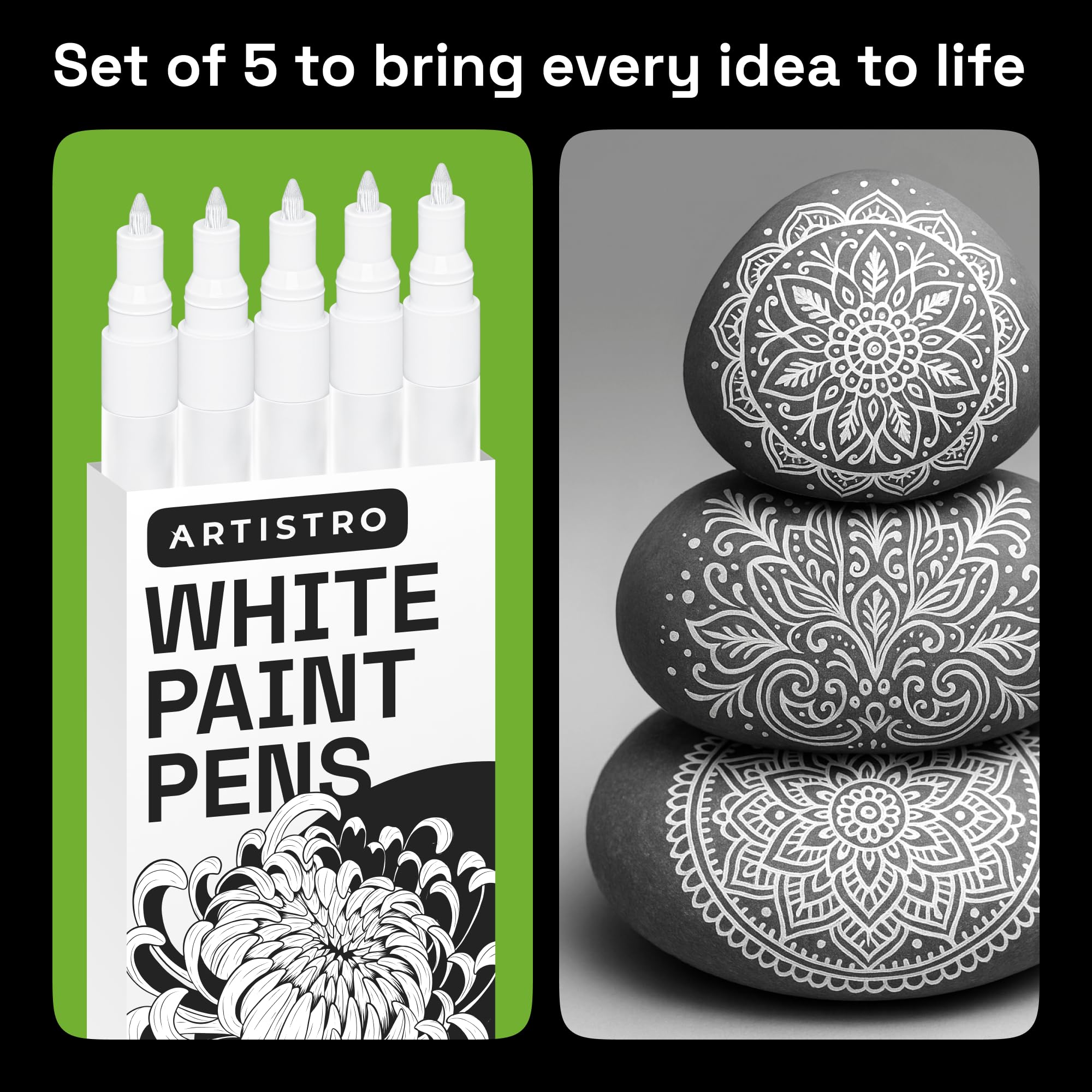 ARTISTRO 5 White Paint Pen for Glass Marking, Rock Painting, Ceramic, Wood, Tire, Fabric, Metal, Canvas - Set of 5 Acrylic Paint Markers Water-based - Extra-fine Tip