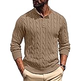 Askdeer Men's Cable Knit Pullover Sweater Stand Collar Button Classic Casual Sweaters Henley Knitted Pullover