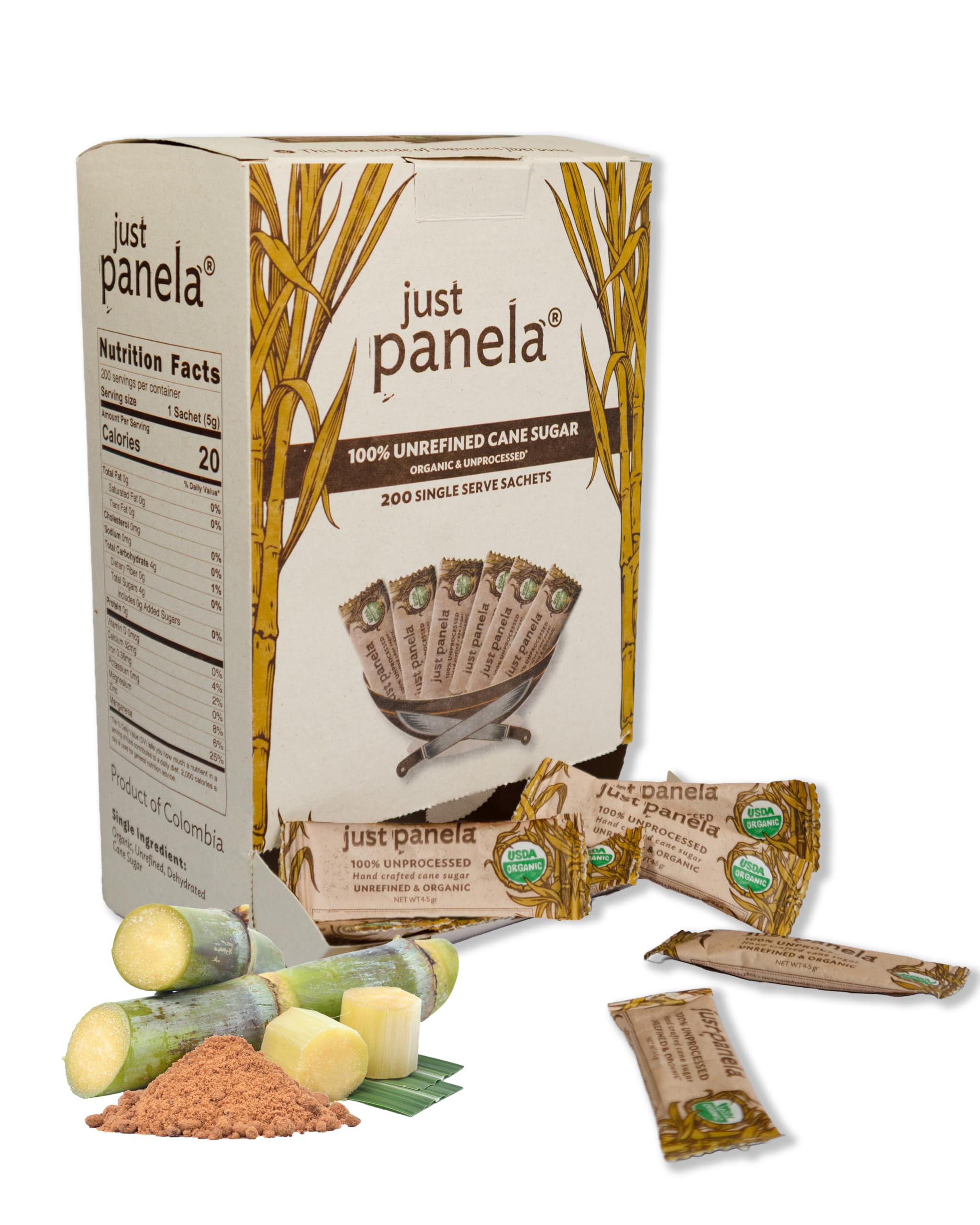 Just Panela Organic Unrefined Cane Sugar Packets, 200 Ct box | 100% Unprocessed, Raw Sugar | Great for Baking, Cooking & Sweetening | Healthier Alternative to Regular Refined Sugar Image