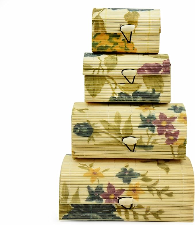Floral Bambus Holz Nistkasten Aufbewahrungsboxen – Set von 4 Dekorative