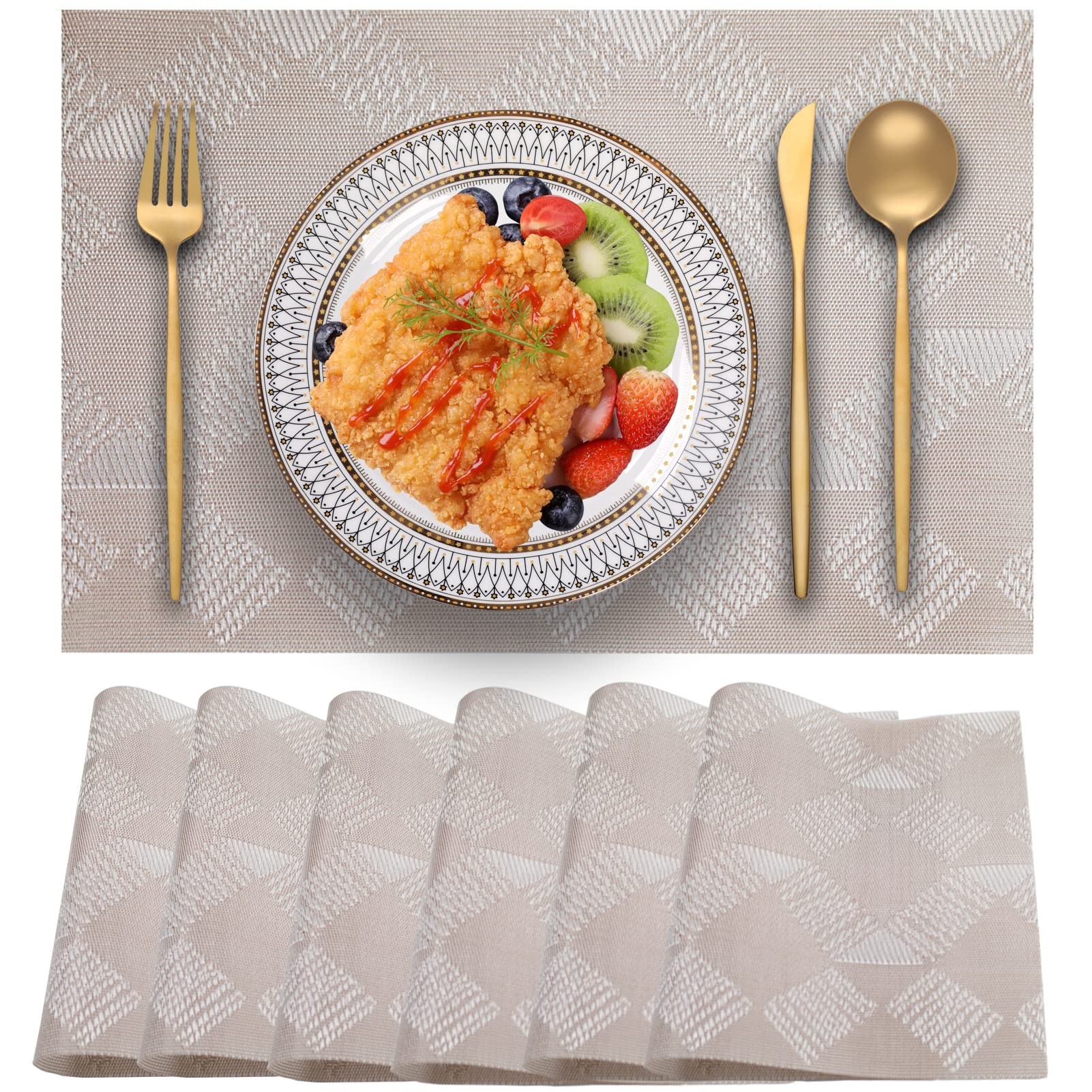 Blibalaskr Place Mats,Table Mats set of 6,Washable Non-Slip Placemats,Heat-resistant PVC Placemat,Suitable for kitchen,dining room,indoor outdoor(Beige)