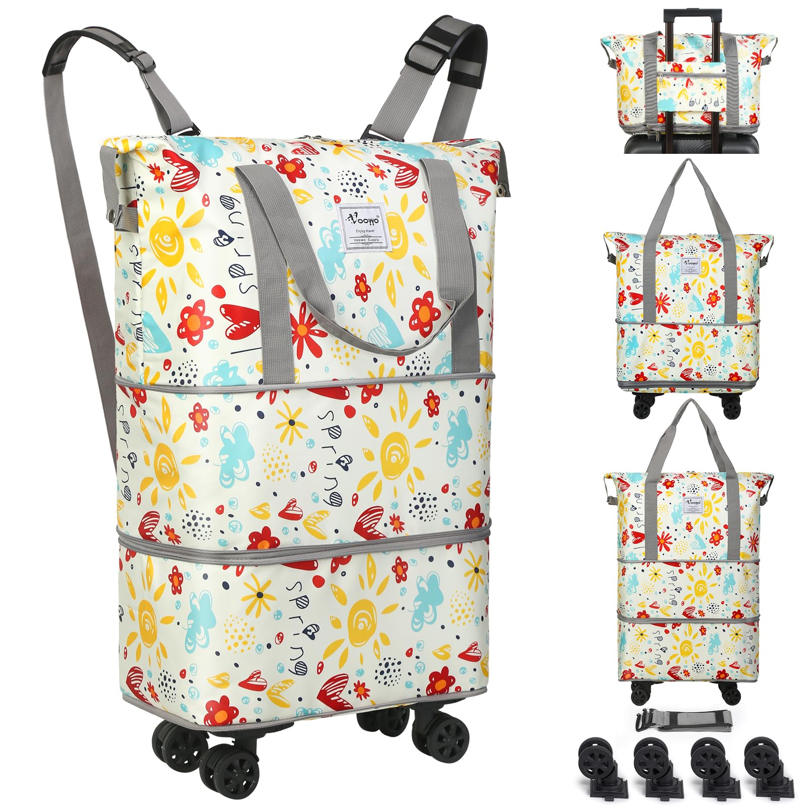 Photo 1 of **Missing one wheel**VOOWO Rolling Duffel Bag with Wheels - Foldable Expandable Duffle Bag with Wheels for Travel, Rolling Luggage Bag Carry On Bag with Wheel, Large Rolling Backpack Weekend Bag for Men Women (Flower)