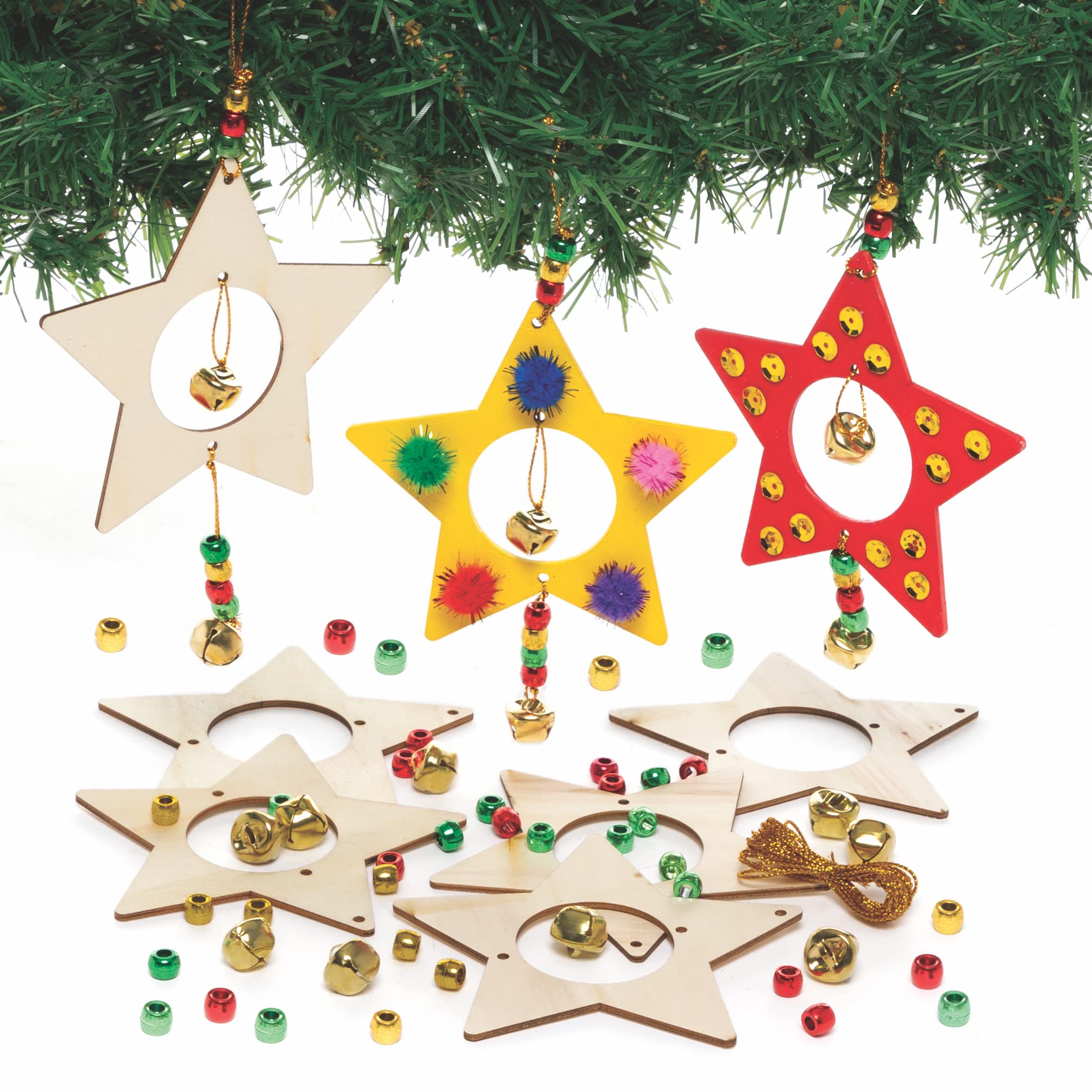 Baker Ross FC116 Star Wooden Bell Decorations Kits - Pack of 5, Wooden Crafts for Children to Make, Decorate and Display, Make Your Own Christmas Decorations
