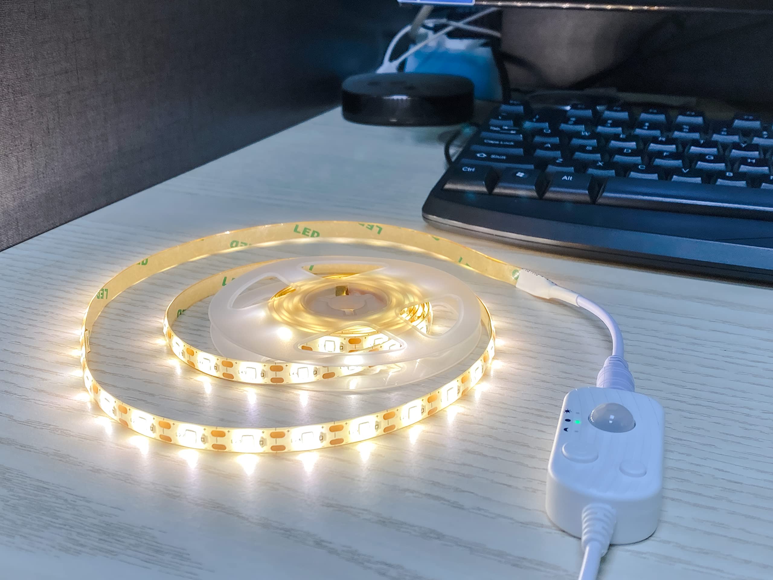 Vortex HJ-J0083W USB LED Strip Lights with Motion Sensor, Warm White 3m Dimmable LED Closet Light Motion Activated, Under Cabinet or Bed Strip Light (3 Meters, Warm White)