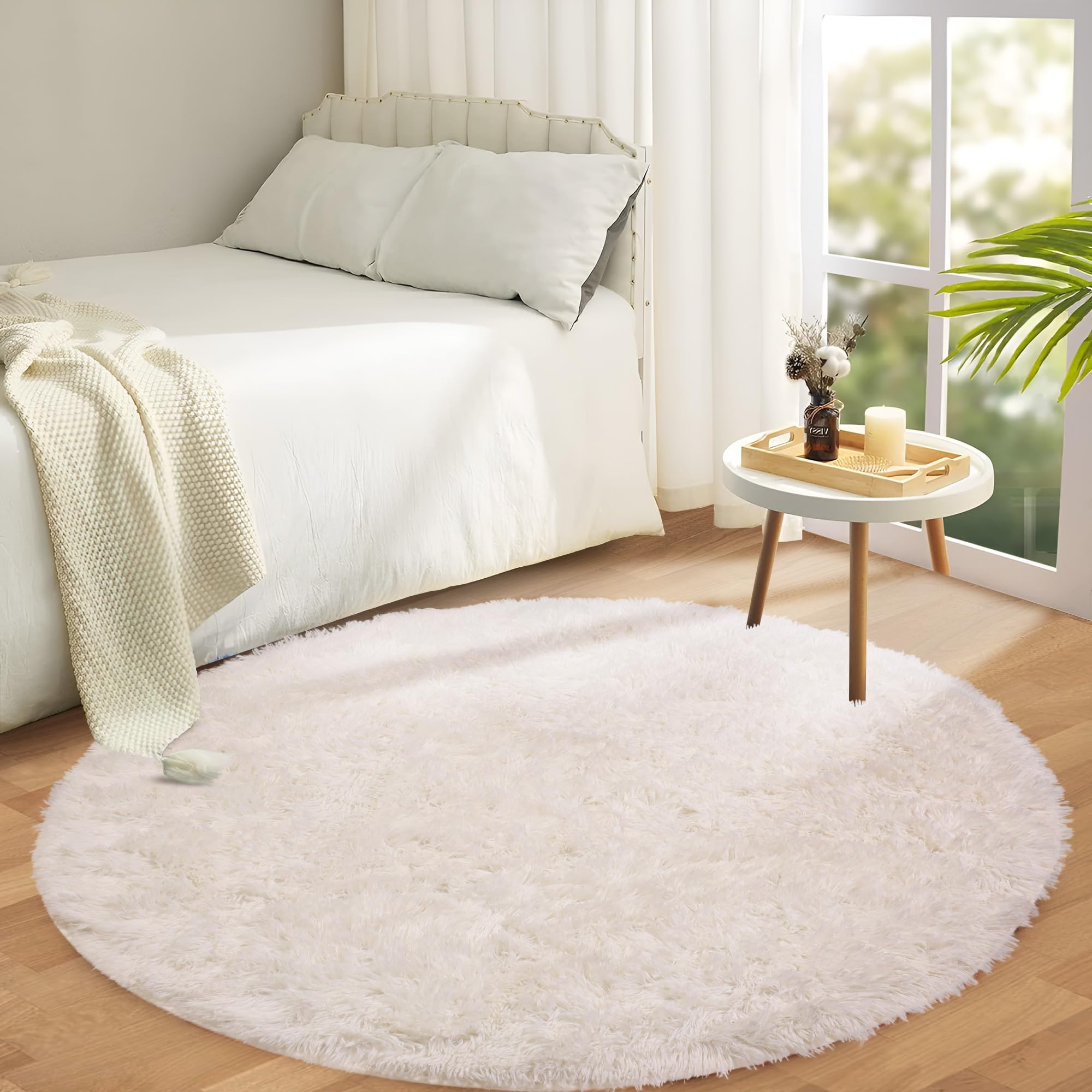 Aspire Homeware Round Rugs Living Room - Cream Area Rugs 120x120cm for Bedroom Anti Slip - Modern Super Soft Thick Pile Small Fluffy Shaggy Rug Non Shedding