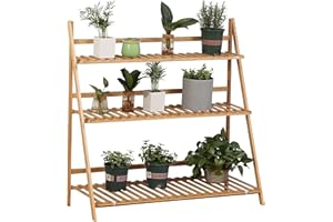 Outsunny 3 Tier Folding Storage Shelf, Bamboo Ladder Plant Stand, Multiple Flower Pot Holder Succulent Display Rack, Foldable
