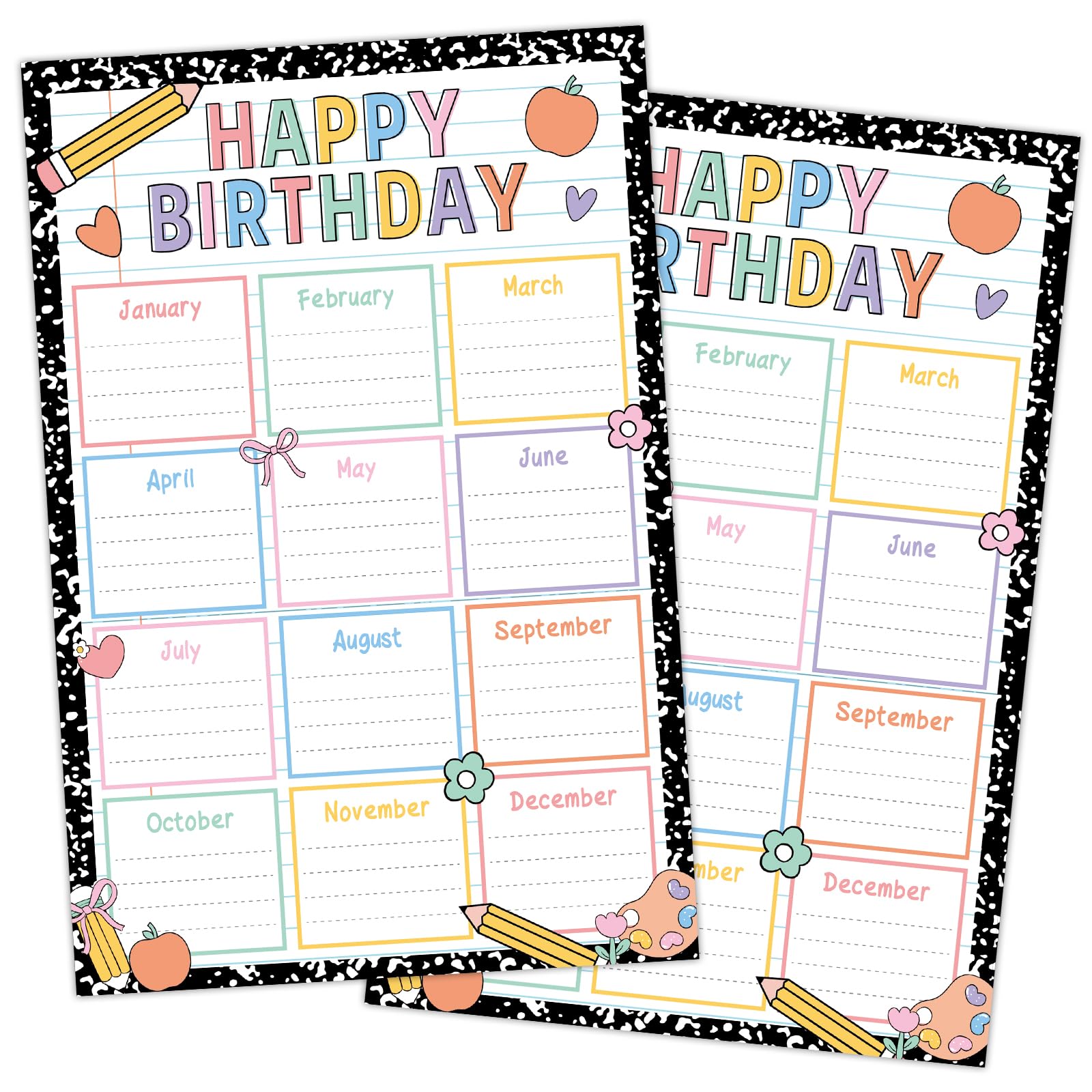 Photo 1 of 2PCS Composition Notebook Happy Birthday Chart Poster Set Class Composition Notebook Birthday Calendars Chart Bulletin Board Posters for Back to School Classrooms Kids Nursery Homeschool Kindergarten