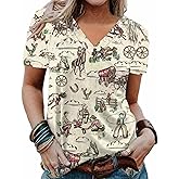 TOAOSET Women's Western Shirt Casual Cactus V-Neck T-Shirt Cowgirl Western Pattern Short Sleeve Loose Ladies Western Tops