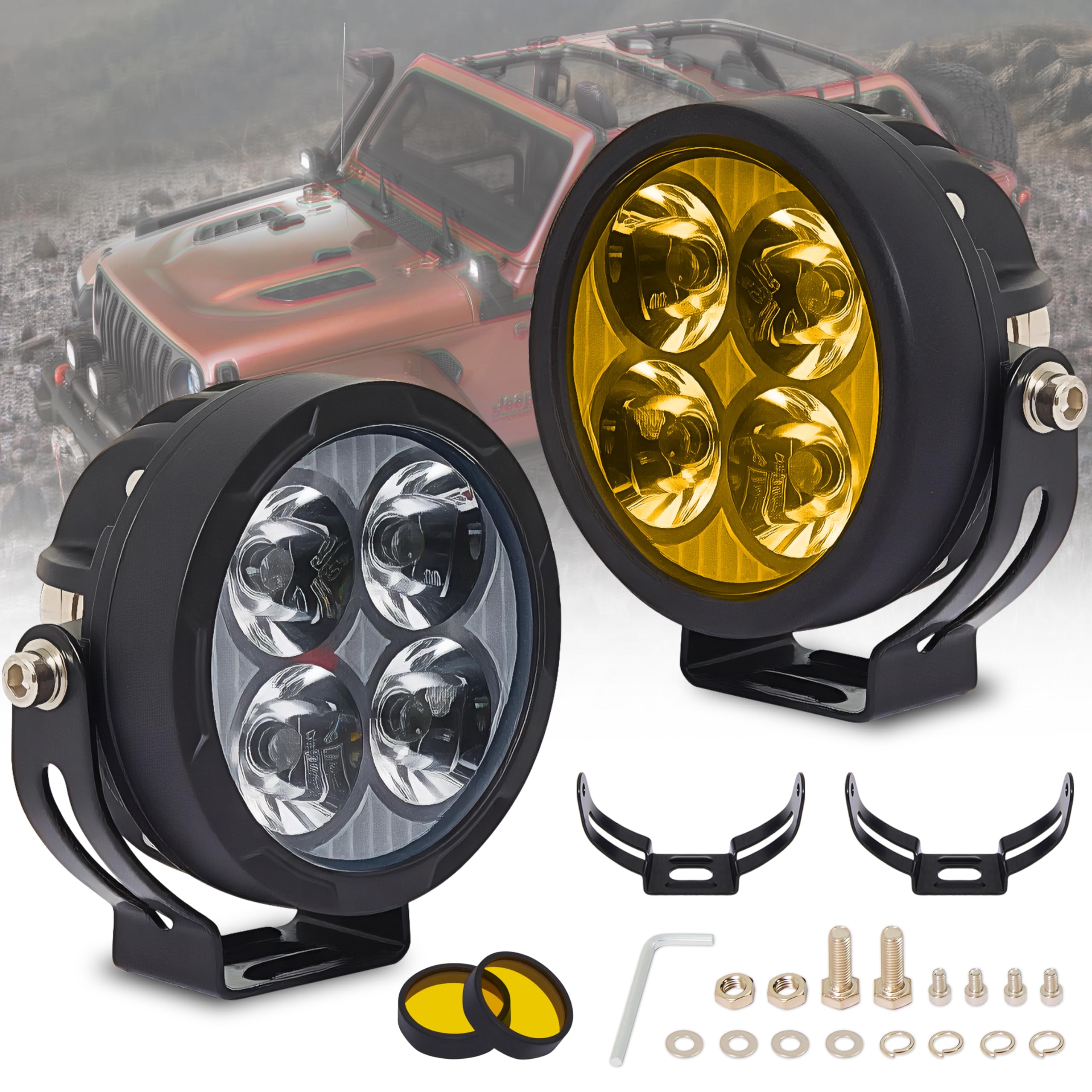Photo 1 of 2PCS 3inch 80W LED Light Pods with Amber Covers, 9600LM Yellow Fog Light Pods LED Light Bar Offroad Driving Lights,for Jeep Wrangler Truck Car ATV SUV Motorcycle Cabin Boat (2Pcs 3Inch Lights)