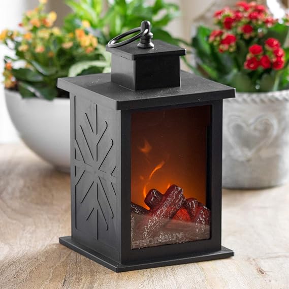 25cm Black Plastic LED Flame Effect Fireplace Lantern (Requires 3 x AA