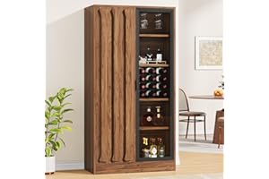 Condemo 70” Tall Wine Bar Cabinet with Wine Rack & Glass Holders, Liquor Cabinets with Doors & Shelves, Kitchen Pantry Cabinet for Kitchen, Dining Room, Living Room (Dark Walnut)